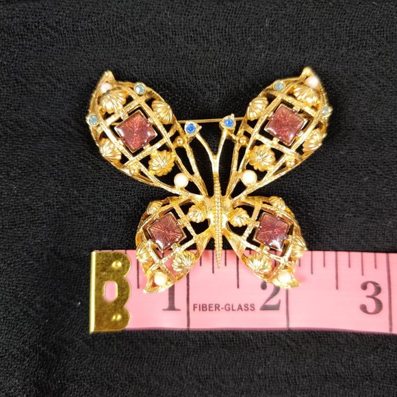 Vintage Avon Rhinestone Enamel Faux Pearl Dome Butterfly Pin Brooch Gold Tone - Picture 8 of 8